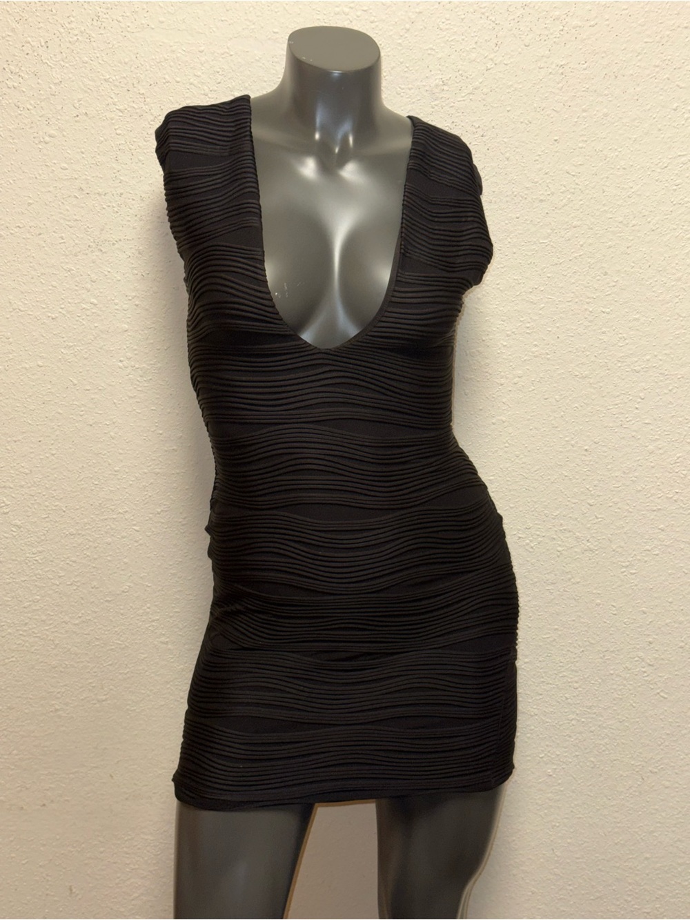 Bec & Bridge Black Textured V-Neck Mini Dress